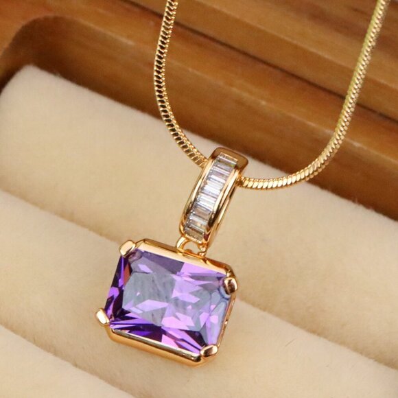 "Elegant Purple Emerald Cut Pendant with Gold Plated Baguette Bail, XPPT1779 - Picture 1 of 13